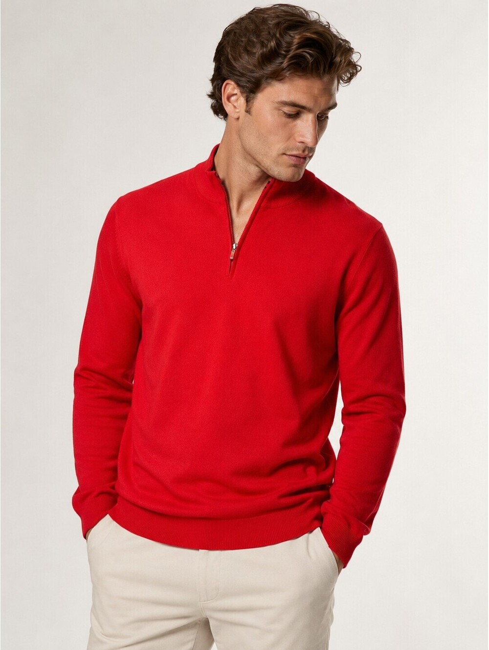 J.McLaughlin Men Quarter Zip Sweater Red Striped Trim Size M